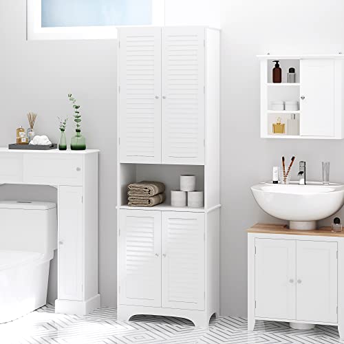 HOMCOM Tall Narrow Bathroom Storage Cabinet with Doors and Shelves, White | Shelf Adjustability, Freestanding, Linen Cabinet - color: White