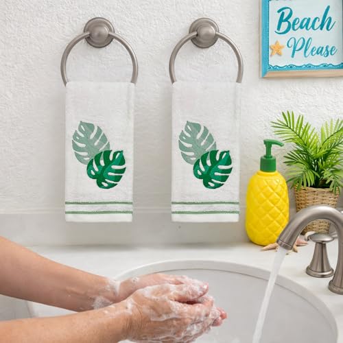 Serafina Home Coastal Tropical Palm Leaves Embroidered Bath Hand Fingertip Towels, Green on Ivory, 100% Cotton, Set of 2, 12 x 18 inches - color: Monstera