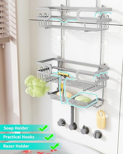 HapiRm Bathroom Hanging Shower Caddy - Rustproof Shower Shelf with 12 Hooks and 2 Soap Holders, No Drilling Bathroom Organizers and Storage - Silver - color: Silver(Large)