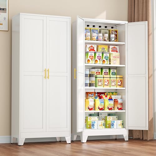 winiowa Metal Pantry Cabinet with 2 Doors and Adjustable Shelves - 71" Kitchen Storage Cabinet with Gold Handles - Versatile Storage for Kitchen, Bathroom, Dining Room, Utility Room - White - color: 2d-white, size: 14.3"D x 28.7"W x 70.8"H