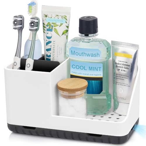 Toothbrush Holders for Bathroom Counter Organizer and Storage (White) | Easy To Clean, Drainage, Non-Slip, Detachable, Kids Electric Toothbrush and Toothpaste Holder for Bathroom - color: White