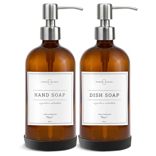 Vine Creations Amber Glass Soap Dispenser, 2 Pack Kitchen Soap Dispenser Set with Stainless Steel Pump, 16 oz Hand Soap or Dish Soap for Bathroom or Kitchen with Waterproof Labels - color: Amber Bottle / Silver Pump