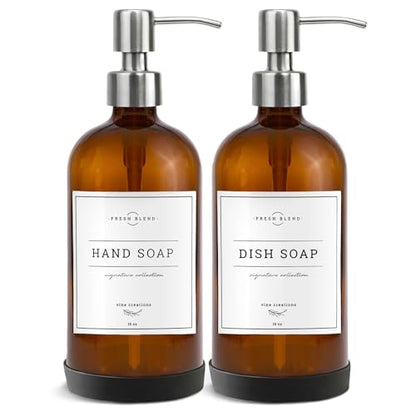 Vine Creations Amber Glass Soap Dispenser, 2 Pack Kitchen Soap Dispenser Set with Stainless Steel Pump, 16 oz Hand Soap or Dish Soap for Bathroom or Kitchen with Waterproof Labels - color: Amber Bottle / Silver Pump