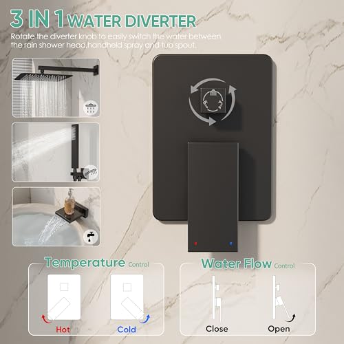 Black Tub Shower System with 12" Rain Head, Handheld & Valve Kit | All-Metal Tub Shower Faucet Set, Wall Mounted Rain Showerhead, Handheld Spray, Includes Valve and Trim Kit, Matte Black - color: Matte Black 12