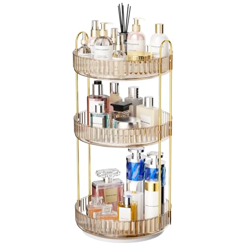 GTI 360°Rotating Makeup Organizer, 3 Tier Large Capacity Perfume Cosmetics Skincare Vanity Organizers,Bathroom Counter Organizer, Dresser Spinning Countertop Organizer and Storage for Women (Gold) - color: Amber