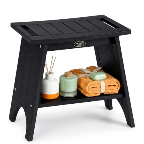 HDPS Shower Benches for Inside Shower, 17" Height Waterproof Bath Stool with 2-Tier Storage Shelf, Heavy Duty Spa Seat for Shaving Legs, Seniors & Adults, Wood-Like Texture, Black - color: Black
