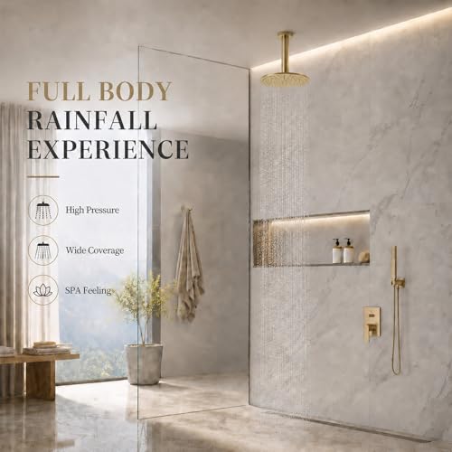 8 Inch Rain Shower Head, BSTIIU High Flow Stainless Steel Round Rainfall ShowerHead, High Pressure Overhead Shower Heads, Wall & Ceiling Mount Ultra Thin Stainless Steel Shower Head, Brushed Gold - color: Brushed Gold, size: 8-Inches, style: Round