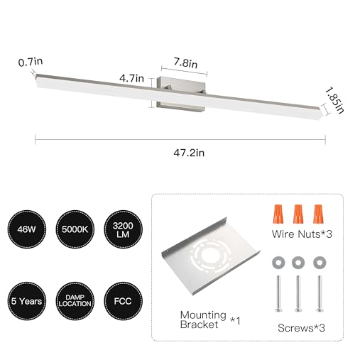 48 inch Bathroom Vanity Light, LED Modern Bathroom Light Fixtures Over Mirror, Dimmable 46W 5000K Cool White Vanity Lighting Fixture, Brushed Nickel Adjustable Vanity Light Bar-UL Certified - color: Cool White 5000K, size: 48 inch
