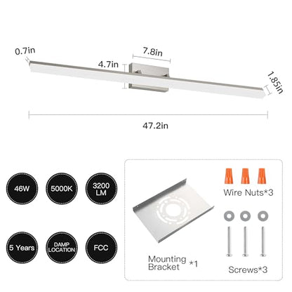 48 inch Bathroom Vanity Light, LED Modern Bathroom Light Fixtures Over Mirror, Dimmable 46W 5000K Cool White Vanity Lighting Fixture, Brushed Nickel Adjustable Vanity Light Bar-UL Certified - color: Cool White 5000K, size: 48 inch