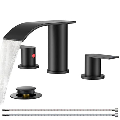 FORIOUS Bathroom Faucet 3 Hole 8 Inch Widespread Waterfall Matte Black | Bathroom Sink Faucet with Pop-up Drain and 24" Supply Lines, Two Handles, for Vanity Laundry Farmhouse School and Restroom - color: Matte Black