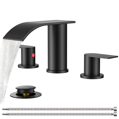 FORIOUS Bathroom Faucet 3 Hole 8 Inch Widespread Waterfall Matte Black | Bathroom Sink Faucet with Pop-up Drain and 24" Supply Lines, Two Handles, for Vanity Laundry Farmhouse School and Restroom - color: Matte Black