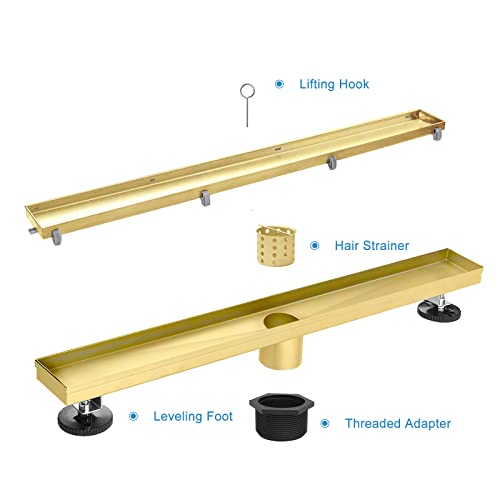 60" Linear Shower Drain Brushed Gold Drain with Tile Insert Grate | AISI 304 Stainless Steel Fast Drainage Rectangle Hidden Shower Trench,Detachable Hair Catcher Easy to install,Leveling Feet - color: Gold, size: 60 Inch (No Base)