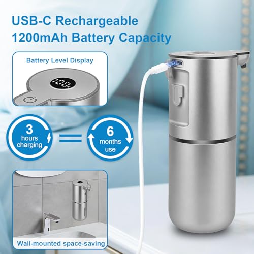 OHIFAST Automatic Foaming Soap Dispenser Touchless, USB Rechargeable Smart Hand Soap Dispenser, 6-Level Adjustable, 12.8oz/380mL Wall Mounted for Bathroom Kitchen Dish Soap-Silver - color: Silver, style: Foam