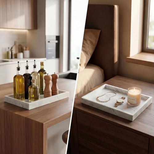 Natural Marble Tray Heavyweight Stone Vanity Tray for Bathroom Countertop, Coffee Table & Dresser - Handcrafted Rectangular Organizer (White X, 12" x 8" x 1.2") - color: White X
