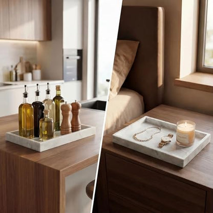 Natural Marble Tray Heavyweight Stone Vanity Tray for Bathroom Countertop, Coffee Table & Dresser - Handcrafted Rectangular Organizer (White X, 12" x 8" x 1.2") - color: White X