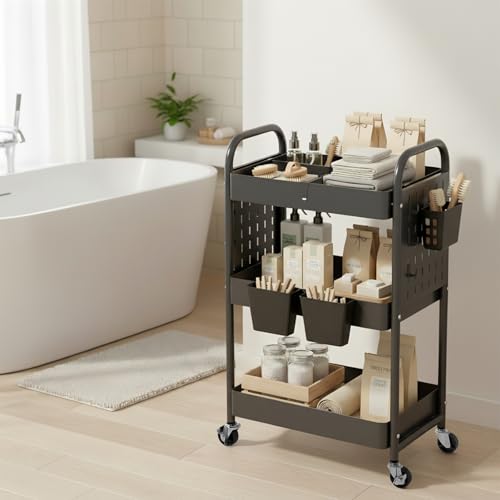Craft Cart, Black Rolling Cart with Retractable Dividers & DIY Pegboards for Kitchen, Bedroom, Laundry - color: Black