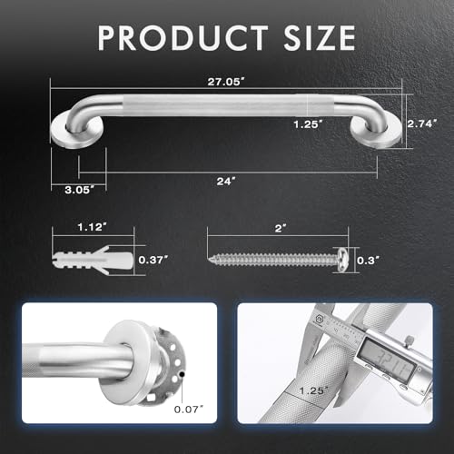 Grab Bars for Shower Safety Anti Slip Handrail for Seniors 24 Inch | 304 Stainless Steel Handicap Grab Bar, Shower Handle with Knurled Grip, Holds up to 500 lbs for Bathtub, Toilet, Stairway - size: 24 Inch