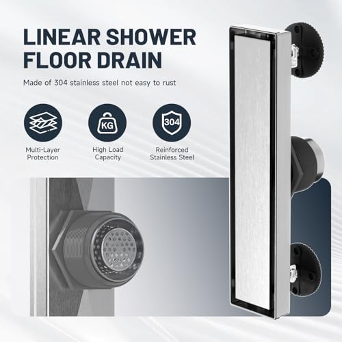 Linear Shower Drain 12 Inch Shower Trench Drain with Tile Insert Grate | Evolvegoods 304 Stainless Steel Bathroom Floor Drain,Rectangular Shower Drain with Leveling Feet,Hair Strainer,Brushed Nickel - size: 12 Inches