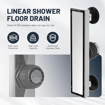 Linear Shower Drain 12 Inch Shower Trench Drain with Tile Insert Grate | Evolvegoods 304 Stainless Steel Bathroom Floor Drain,Rectangular Shower Drain with Leveling Feet,Hair Strainer,Brushed Nickel - size: 12 Inches