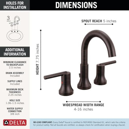 Delta Trinsic Oil Rubbed Bronze Bathroom Faucet 3 Hole, 8 Inch Widespread Bathroom Sink Faucet for Vanity, Metal Push-Pop Drain Assembly, Venetian Bronze 3559-RBMPU-DST - color: Venetian Bronze