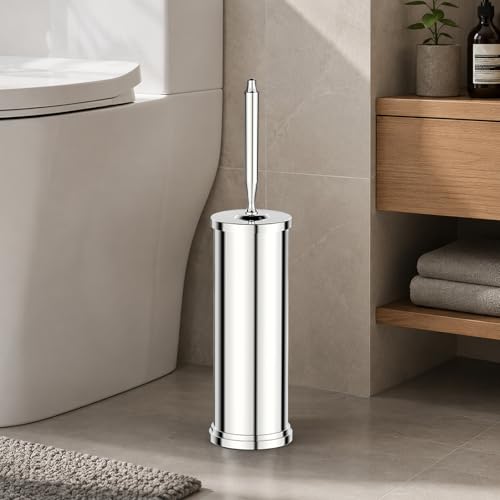 Stainless Steel Toilet Bowl Brush and Holder Set Scrubber Chrome | Weighted Stable Base Removable Inner Tube Toilet Bowl Brush Splash-Proof Design for Deep Cleaning Space Saving Storage - color: Chrome