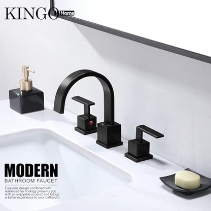 Matte Black Bathroom Faucet, Black Faucet Bathroom 3 Hole 8inch Widespread Waterfall 2 Handle Black Faucets Bathroom Sink Vanity Faucet with Pop Up Drain and Supply Lines - color: Matte Black