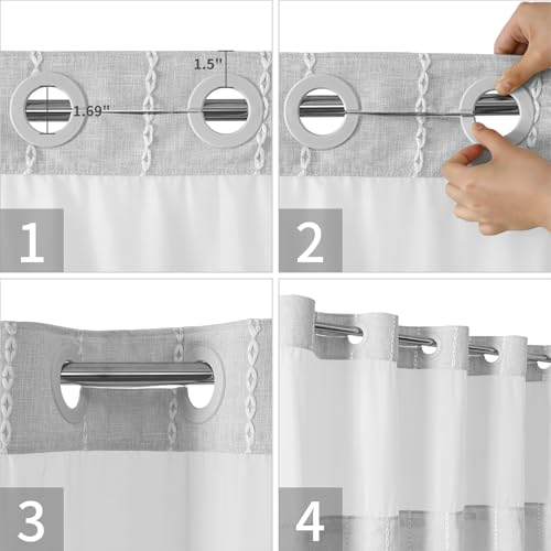 eachope Grey Farmhouse No Hook Shower Curtain Set with Snap-in Fabric Liner,Boho Heavy-Duty Linen Textured Rustic Striped Design,Water-Repellent with Tassels and Sheer Window,Gray,71x74 | 230GSM Thick Fabric,Hotel Luxury Decor,Mesh Top Window,Waterproof &