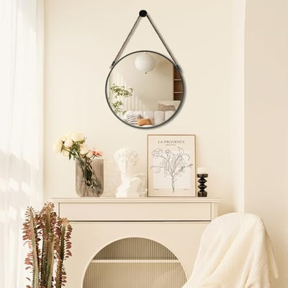 POZINO 15" Small Round Hanging Mirror with Grey Metal Frame - color: Grey, size: 15"L x 15"W