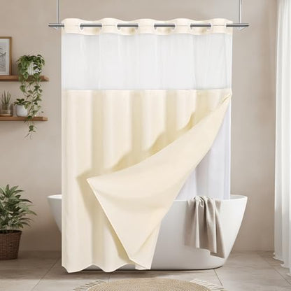 No Hooks Natural Boho Faux Linen Shower Curtain with Snap-in Liner Set, Textured Hotel Luxury Bathroom Curtain with See Through Top Window, Waterproof & Washable, 72x84 inches - color: Cream, size: 72"W x 84"L (Pack of 1), style: No Hooks