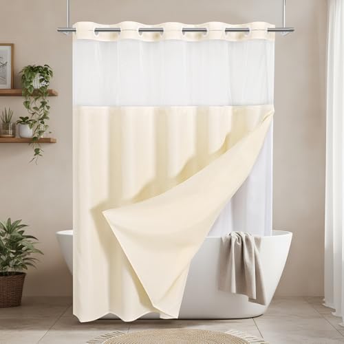 No Hooks Natural Boho Faux Linen Shower Curtain with Snap-in Liner Set, Textured Hotel Luxury Bathroom Curtain with See Through Top Window, Waterproof & Washable, 72x78 inches - color: Cream, size: 72"W x 78"L (Pack of 1), style: No Hooks