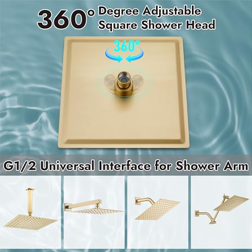 Midanya Square Rain Shower Head,High Pressure,Brushed Gold 12 Inch | 360°Swivel,Ceiling or Wall Mount,Waterfall Full Body Coverage,Bathroom Remodel,Stainless Steel Large Rainfall Shower Head - color: Gold, size: 12 Inch