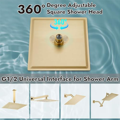 Midanya Square Rain Shower Head,High Pressure,Brushed Gold 12 Inch | 360°Swivel,Ceiling or Wall Mount,Waterfall Full Body Coverage,Bathroom Remodel,Stainless Steel Large Rainfall Shower Head - color: Gold, size: 12 Inch