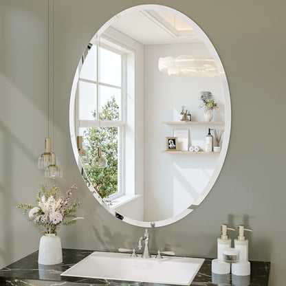 Frameless Oval Mirror, 24"x32" Beveled Bathroom Vanity Mirrors | 20mm beveled edge, 5mm HD glass, frameless, anti-rust, shatterproof, french cleat, horizontally or vertically - size: 24"L x 32"W