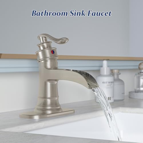 BWE Brass Brushed Nickel Waterfall Bathroom Faucet for Modern & Classic | Lead-Free, Wide Waterfall Spout, Ceramic Cartridge, Fits 1 or 3-Hole Sink, Single Handle, Handware Included, Easy Install - color: Brushed Nickel