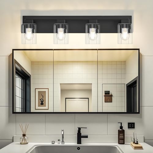 4-Light Matte Black Bathroom Light Fixtures, with Clear Glass Shade | 29.5 Inch Bathroom Lighting Fixtures Over Mirror, Modern Wall Light, bathroom vanity light E26 Socket, ETL - color: Black, size: 4-Light