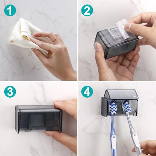 2 PCS Toothbrush Holders Wall Mounted with Cover (2, Transparent Black) | Wall mounted, Detachable, Easy to clean, Breathable, 2 Slots Self Adhesive Toothbrush Organizer for Bathroom - color: Transparent Black
