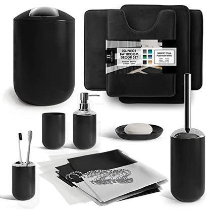 Clara Clark Bathroom Set - Black Bathroom Accessories Set, Bathroom Sets with Shower Curtain and Rugs, 23PC Shower Curtain Set with Liner, Soap Dispenser, Toilet Brush, & Trash Can - color: Black, size: Complete Set + Bath Rugs