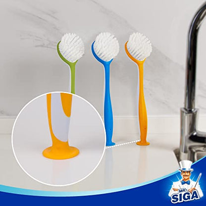 MR.SIGA Round Dish Brush with Suction Cup, Pack of 3 | Scrub brush for dishes, pans, pots, kitchen sink cleaning, dish brush with handle