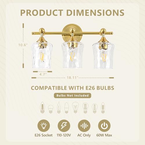 3-Light Bathroom Vanity Light Fixture Over Mirror, Brushed Gold | Clear Hammered Glass Shades, Beaded Crossbar Frame, Rippled Glow, Wall Mount Up or Down, E26 Socket, Hardwired, 120V - color: Brushed Gold
