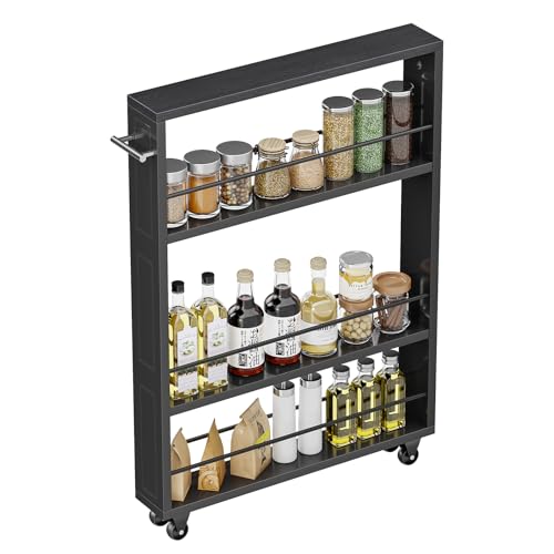 KLM Rolling Storage Cart 4-Tier Black Kitchen Cart with Wheels, Slim Storage Cart with Handle Slide Out Utility Cart Shelving Unit Organizer Trolley for Laundry Narrow Places Bathroom Small Corner