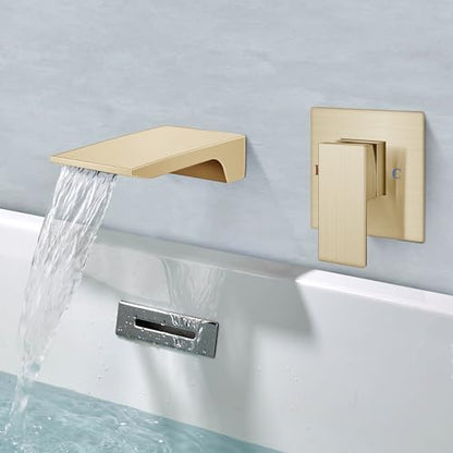 Wall Mount Bathroom Faucet, Waterfall Tub Filler, Brushed Gold | SUS304 Waterfall Spout, Rough-In Valve, Single-Handle Control, 1/2-Inch NPT, Flexible Handle Placement - color: Brushed Gold