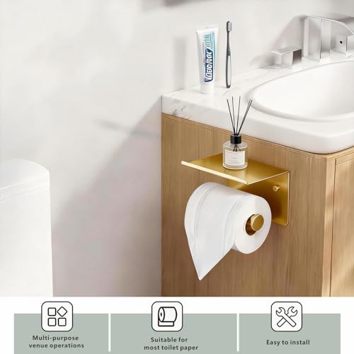 Toilet Paper Holder with Shelf, Heavy-Duty Stainless Steel Bathroom Hardware, Self-Adhesive No-Drill/Drill-Mount Wall-Mounted Roll Holder, Rust-Proof Bathroom Tissue Rack (Gold) - color: Gold