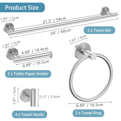 Newfun 10-Pieces Brushed Nickel Bathroom Hardware Set 24 Inch | Includes 24 Inch Towel Racks for Bathroom Wall Mounted, Toilet Paper Holder, Towel Hooks, Towel Rings for Bathroom Wall - color: Brushed Nickel-ring