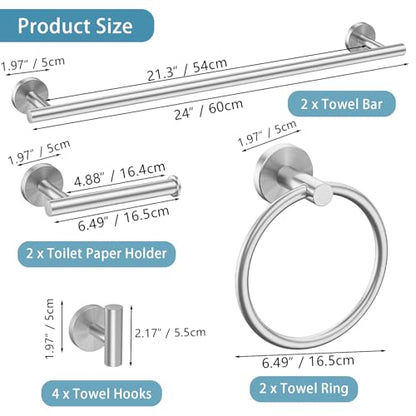 Newfun 10-Pieces Brushed Nickel Bathroom Hardware Set 24 Inch | Includes 24 Inch Towel Racks for Bathroom Wall Mounted, Toilet Paper Holder, Towel Hooks, Towel Rings for Bathroom Wall - color: Brushed Nickel-ring