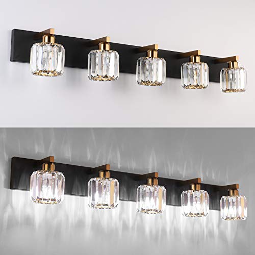 Aipsun Crystal Bathroom Vanity Light Black Vanity Lighting fixtures 5 Lights Crystal Vanity Light for Bathroom(Exclude Bulb) - color: Black Gold (Round), size: 40 inch