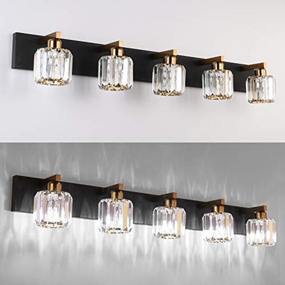 Aipsun Crystal Bathroom Vanity Light Black Vanity Lighting fixtures 5 Lights Crystal Vanity Light for Bathroom(Exclude Bulb) - color: Black Gold (Round), size: 40 inch