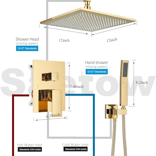 Polished Gold Shower System 12 Inch LED Square Rainfall Shower Head Ceiling Mount Shower Faucet Set with Hand Sprayer Rough-in Valve Trim Kit Bathroom Mixer Shower Combo Set - color: Gold, style: 12"-led