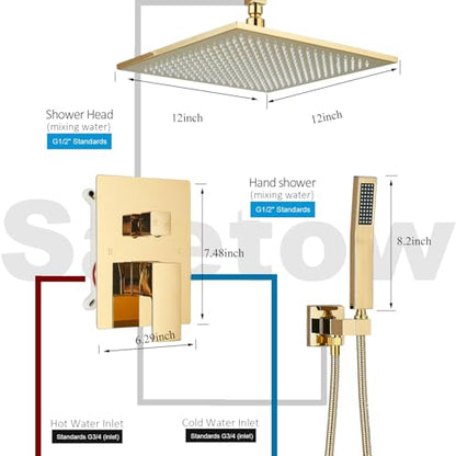 Polished Gold Shower System 12 Inch LED Square Rainfall Shower Head Ceiling Mount Shower Faucet Set with Hand Sprayer Rough-in Valve Trim Kit Bathroom Mixer Shower Combo Set - color: Gold, style: 12"-led