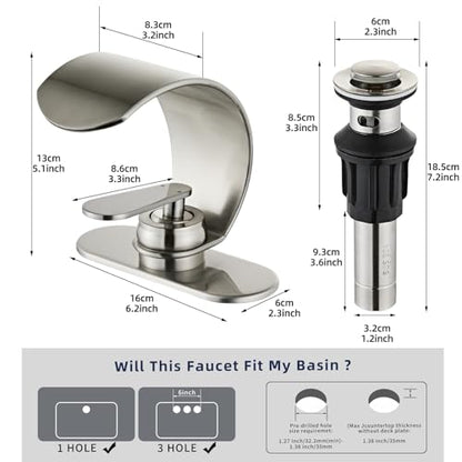 Waterfall Single Hole Bathroom Sink Faucet, 304 Stainless Steel Single Handle Modern Bathroom Faucet, Snake Shape Design Basin Tap, Single Handle Basin Tap with Pop Up Drian Supply Line - color: Sliver