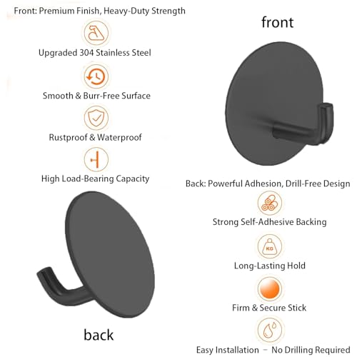 Adhesive Towel Hooks 4 Pack Round Heavy Duty Wall Hangers Waterproof Stick On Towel Holders for Bathroom Kitchen Home Stainless Steel Self Adhesive Hooks for Hanging Black